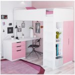 Кровать-чердак ВПК К1 с письменным столом и шкафом Polini Simple белый/розовый